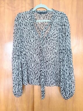 Zara Black & White Floral Tie-Neck Long Sleeve Blouse
